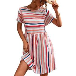 Damen Rundhals Sommer A-Linie Freizeitkleid Casual Kurzarm Gestreiftes Lose Tunika Swing Party Alltag Strand Minikleid Umstandskleid(L-Orange-Rosa) von GOTOTOP