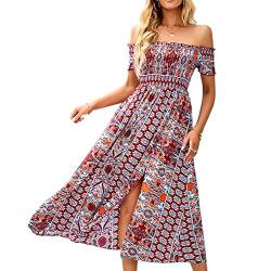 Damen Sommer Schulterfrei Geschlitzt Lange Kleider Boho Blumenmuster eine Linie Flie?endes Swing Strandkleid(XL-Burgund) von GOTOTOP