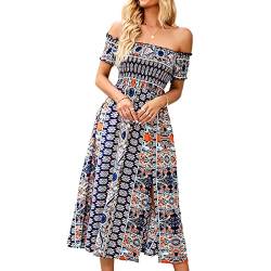 Damen Sommer Schulterfrei Geschlitzt Lange Kleider Boho Blumenmuster eine Linie Flie?endes Swing Strandkleid(XL-Dunkelblau) von GOTOTOP