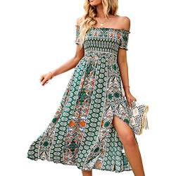 Damen Sommer Schulterfrei Geschlitzt Lange Kleider Boho Blumenmuster eine Linie Flie?endes Swing Strandkleid(XL-Gr¨¹n) von GOTOTOP