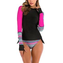 Damen Tankini Langarm Blouson Badeanzug Zweiteilige Print Bademode Beachwear Rash Guard UV Shirts(L-Rosenrot) von GOTOTOP