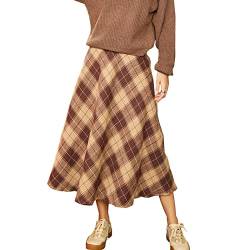 Frauen Karierter A-Linienrock Hohe Taille Elastische Seitennaht Taschen Warmer Langer Rock für Herbst Winter(M-Khaki) von GOTOTOP