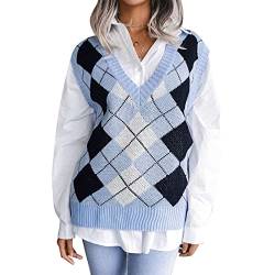 GOTOTOP Ärmelloser Pullover für Damen, Karomuster, V-Ausschnitt, Lockerer, Kontrastierender Strickpullover für Herbst und Winter(L-Blau) von GOTOTOP