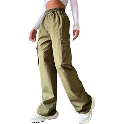 GOTOTOP Cargohose mit Hoher Taille, Lässige Einfarbige Hose, Damen, Angeln, Golf, Reisehose mit Taschen(S-OD-Grün) von GOTOTOP