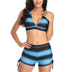 GOTOTOP Damen-Badeanzüge mit Hoher Taille und Shorts, Gestreifter Badeanzug, Neckholder-Bikini, Zweiteilige Badeanzüge(L-Blau) von GOTOTOP