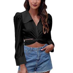 GOTOTOP Damen Crop Top Blusen Puff Langarm Twist Front Tie Back Oberteil Wickelshirt Slim fit Hemdbluse(L-Schwarz) von GOTOTOP