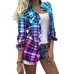 GOTOTOP Damen-Herbst-Umlegekragen, Karierte Bluse, Lässiges, Lebendiges Farbdruck-Langarmhemd mit Brusttasche(XL-Lila-blau) von GOTOTOP