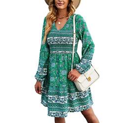 GOTOTOP Damen Herbst V-Ausschnitt Retro Blumendruck Kleid, Lässig Lange Puffärmel Stretch Tunika Geraffter Saum Kleid(S-Grün) von GOTOTOP