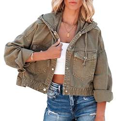 GOTOTOP Damen Kurze Jeansjacke Leichte Button Down Übergangsjacke Oversized Cardigan mit Hut (S) von GOTOTOP