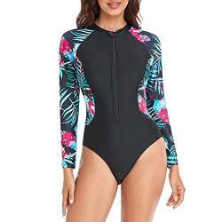 GOTOTOP Damen Langarm Surfen Badeanzug, Brustreißverschluss Slim Fit Print Stitching Badeanzug Bauchkontrolle Badeanzug(XXL-Grüne Blätter) von GOTOTOP