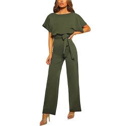 GOTOTOP Damen O-Ausschnitt Kurzarm Lang Jumpsuit Elegant Weite Bein Overall Romper Playsuit Hosenanzug mit Gürtel(S-Grün) von GOTOTOP