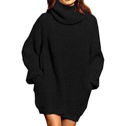 GOTOTOP Damen Rollkragen Grob Strickkleid Oversize Langarm Lose Pullover Minikleid mit Tasche(S-Schwarz) von GOTOTOP