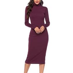 GOTOTOP Damen Rollkragen Kleid Langarm Elegant Rippstrickpullover Winter Rollkragen Stretchy Bodycon Midi Wickelkleid(L-Weinrot) von GOTOTOP