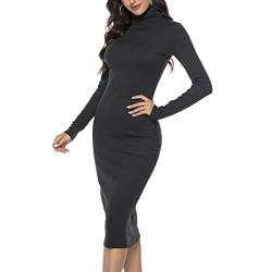 GOTOTOP Damen Rollkragen Kleid Langarm Elegant Rippstrickpullover Winter Rollkragen Stretchy Bodycon Midi Wickelkleid(XL-Schwarz) von GOTOTOP