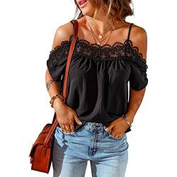 GOTOTOP Damen Schulterfrei Oberteile Spaghettiträger Spitze Ärmel Sommer V Ausschnitt Camisole Tanktop Sexy Casual Loose Kurzarm(XXL-Schwarz) von GOTOTOP