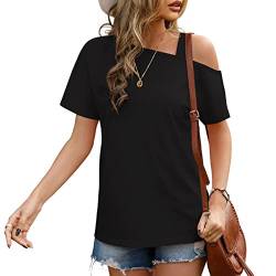 GOTOTOP Damen Schulterfrei Top Basic T-Shirt Kurzarm Locker Sommer Oberteile Casual Tunika Blusen(M-Schwarz) von GOTOTOP