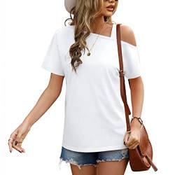 GOTOTOP Damen Schulterfrei Top Basic T-Shirt Kurzarm Locker Sommer Oberteile Casual Tunika Blusen(S-Weiß) von GOTOTOP