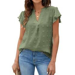 GOTOTOP Damen V-Ausschnitt Chiffon Hemd Sommer Rüschen Kurzarm Spitze Dot Lose Blusenshirt Oberteile(L-Hellgrün) von GOTOTOP