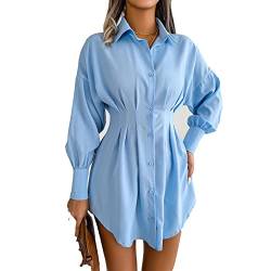 GOTOTOP Damen V Ausschnitt Mini Hemdkleid Casual Langarm Knöpfen Tunika Gerafft Freizeitkleid(L-Blau) von GOTOTOP