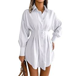 GOTOTOP Damen V Ausschnitt Mini Hemdkleid Casual Langarm Knöpfen Tunika Gerafft Freizeitkleid(m-Weiß) von GOTOTOP