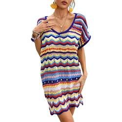 GOTOTOP Frauen Bunte Wellenstreifen Aushöhlen Häkelkleid Bademode V-Ausschnitt Kurzarm Bikini Coverup Quaste Kleid (L) von GOTOTOP