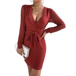 GOTOTOP Sexy Langarm-Kleid mit V-Ausschnitt, Krawatte, Taille, Spitze, Paket, Hüfte, Frauen, Gestrickt, Figurbetontes Minikleid(XL-Cameo-Braun) von GOTOTOP