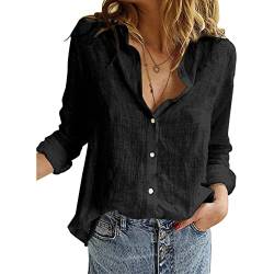 Leichte Damenhemden mit Kragen und V-Ausschnitt, Solide, Aufrollbare Ärmel, Button-Down-Blusen, Oberteile(M-Schwarz) von GOTOTOP