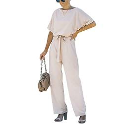 Rundhals-Overall mit Kurzarm-Design Weite Bein-Strampler Pure Color Long Jumpsuit mit Gürtel(S-Khaki) von GOTOTOP