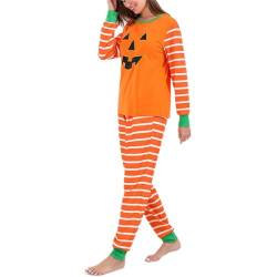 Weihnachtspyjama Unisex Pyjama Gestreifter Zweiteilige Lang Schlafanzug Familie Outfit Set mit Halloween-Kürbis Druck(Männer l-Orange) von GOTOTOP