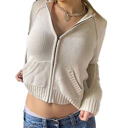 Damen Y2k Hoodies Sweatshirt Langarm Crop Top Reißverschluss Jacke Casual Vintage Crop Hoodies, A-weiß, 36 von GOWEGB