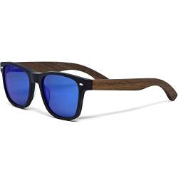 Sonnenbrille Damen & Herren Holz | Premium polarisiert Walnussholzbügel schwärzer Acetatrahmen | verdunkelte Holzbrille UV400 Gläser | Damen & Herren Sonnenbrille UV Schutz | (blau) von GOWOOD