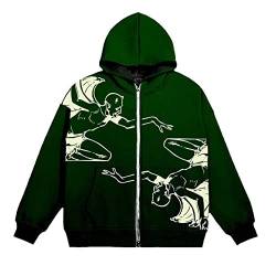 Damen Herren Y2K Kapuzenpullover Zip Up Pullover Hoodie Hip Hop Sweatshirt Skelett Jacke Oversized Hoodie Goth Druck mit Reißverschluss Vintage Harajuku Paare Unisex Kapuzenjacke ( Color : D-Green , S von GOZYLA