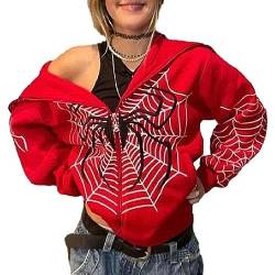 Damen Männer Zip Up Y2K Hoodie Gothic Punk Hoodie Teenager Mädchen Spider Web Pattern Print Jacke mit Taschen Vintage Streetwear Fashion Hoodie (Color : B-Red, Size : M) von GOZYLA