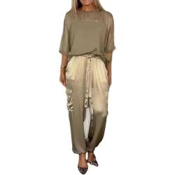 Damen Set Aus Glattem Satin Oberteil und Hose mit Halben Ärmeln, Lässiges Sommer T Shirt Aus Satin für Damen Zweiteiliges Outfit Jogger Lounge Set (Color : Gold, Size : XL) von GOZYLA