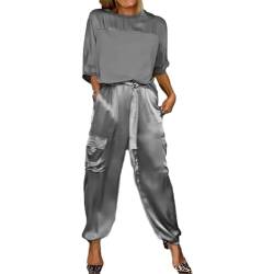 Damen Set Aus Glattem Satin Oberteil und Hose mit Halben Ärmeln, Lässiges Sommer T Shirt Aus Satin für Damen Zweiteiliges Outfit Jogger Lounge Set (Color : Gray, Size : 4XL) von GOZYLA