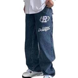 GOZYLA Baggy Jeans für Herren im Y2K-Stil – Lässige Cargo Jeans für Herren – Denim Jogginghose im Y2K Stil, Perfekt für Schule, Straßenrennen, Urlaub, Party (Color : Blue, Size : L) von GOZYLA