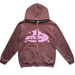 GOZYLA Damen Männer 4TUNE Sterndruck Reißverschluss Hoodie Sweatshirt Langarm Y2K E-Girl Pullover Oversize Vintage Kapuzenpullover Harajuku Streetwear Hoodie (Color : A-Brown, Size : L) von GOZYLA