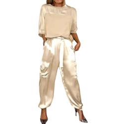 GOZYLA Damen Set Aus Glattem Satin Oberteil und Hose mit Halben Ärmeln, Lässiges Sommer T Shirt Aus Satin für Damen Zweiteiliges Outfit Jogger Lounge Set (Color : Apricot, Size : L) von GOZYLA