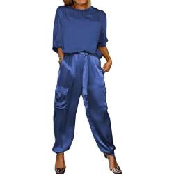 GOZYLA Damen Set Aus Glattem Satin Oberteil und Hose mit Halben Ärmeln, Lässiges Sommer T Shirt Aus Satin für Damen Zweiteiliges Outfit Jogger Lounge Set (Color : Blue, Size : 5XL) von GOZYLA