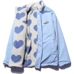 GOZYLA Damen Winter Langarm Kawaii Herz Aufdruck Reißverschluss E-Girl Baggy Wendejacke Mantel Taschen Warme Fleece Oberteile (Color : Blue, Size : M) von GOZYLA