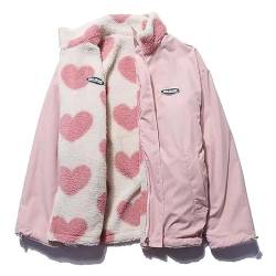 GOZYLA Damen Winter Langarm Kawaii Herz Aufdruck Reißverschluss E-Girl Baggy Wendejacke Mantel Taschen Warme Fleece Oberteile (Color : Pink, Size : M) von GOZYLA