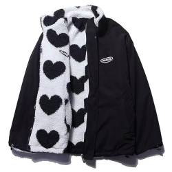 GOZYLA Damen Winter Langarm Kawaii Herz Aufdruck Reißverschluss E-Girl Baggy Wendejacke Mantel Taschen Warme Fleece Oberteile (Color : Schwarz, Size : M) von GOZYLA