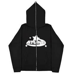 GOZYLA Damen Y2K Zip Up Hoodie Sterne Vintage Jacke Oversized Langarm Sweatshirts Hip Hop Sweatshirt Jacke Harajuku E-Girl Oberteil Pullover (Color : A-Black, Size : L) von GOZYLA