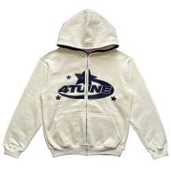 GOZYLA Damen Y2K Zip Up Hoodie Sterne Vintage Jacke Oversized Langarm Sweatshirts Hip Hop Sweatshirt Jacke Harajuku E-Girl Oberteil Pullover (Color : A-Khaki, Size : L) von GOZYLA