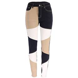 GOZYLA Dehnbare Patchwork-Jeans for Damen, Trendige, elastische Taille, zweifarbige Jeans, Denim-Hosen, Vintage-E-Girl-Stil, Y2K, ausgestellte Jeans (Color : Khaki Black, Size : XL) von GOZYLA