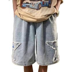 GOZYLA Denim Shorts Baggy Jorts Mid Rise Stretchy Patchwork Star Kordelzug Jeans Shorts Sommer Jorts Y2K Unisex Cargohose (Color : Blue, Size : M) von GOZYLA