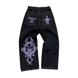 GOZYLA Herren Baggy Jeans Vintage Straight Leg Denim Hosen Teenager Jungen Streetwear Hip Hop Retro Schädel Stickerei Jeans Y2k Jeanshose (Color : A-Purple, Size : L) von GOZYLA