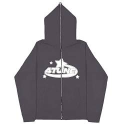 GOZYLA Herren Kapuzenjacke Full Face Zipper Hoodie Retro Star Letter Print Y2k Jacke Kapuzenpullover Langarm Pullover mit Tasche (Color : A-Dark Gray, Size : S) von GOZYLA