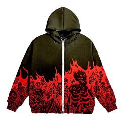 GOZYLA Herren Lange Ärmel Kapuzenpullover Pullover Zip Up Hoodie Hoody Hooded Sweatshirt Vintage Skeleton Flamme Letter Print Clothes Top (Color : C-Reddish Black, Size : XXL) von GOZYLA