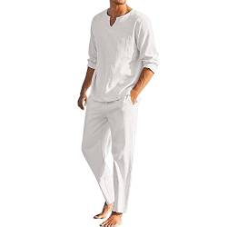 GOZYLA Herren Leinenanzug Sommer Zweiteiler Freizeitanzug Einfarbig 2 Teilig Lange Ärmel Kleiner V-Ausschnitt Hemd Beach Shirt Hose Set Baumwolle Leinen Anzug (Color : White, Size : L) von GOZYLA